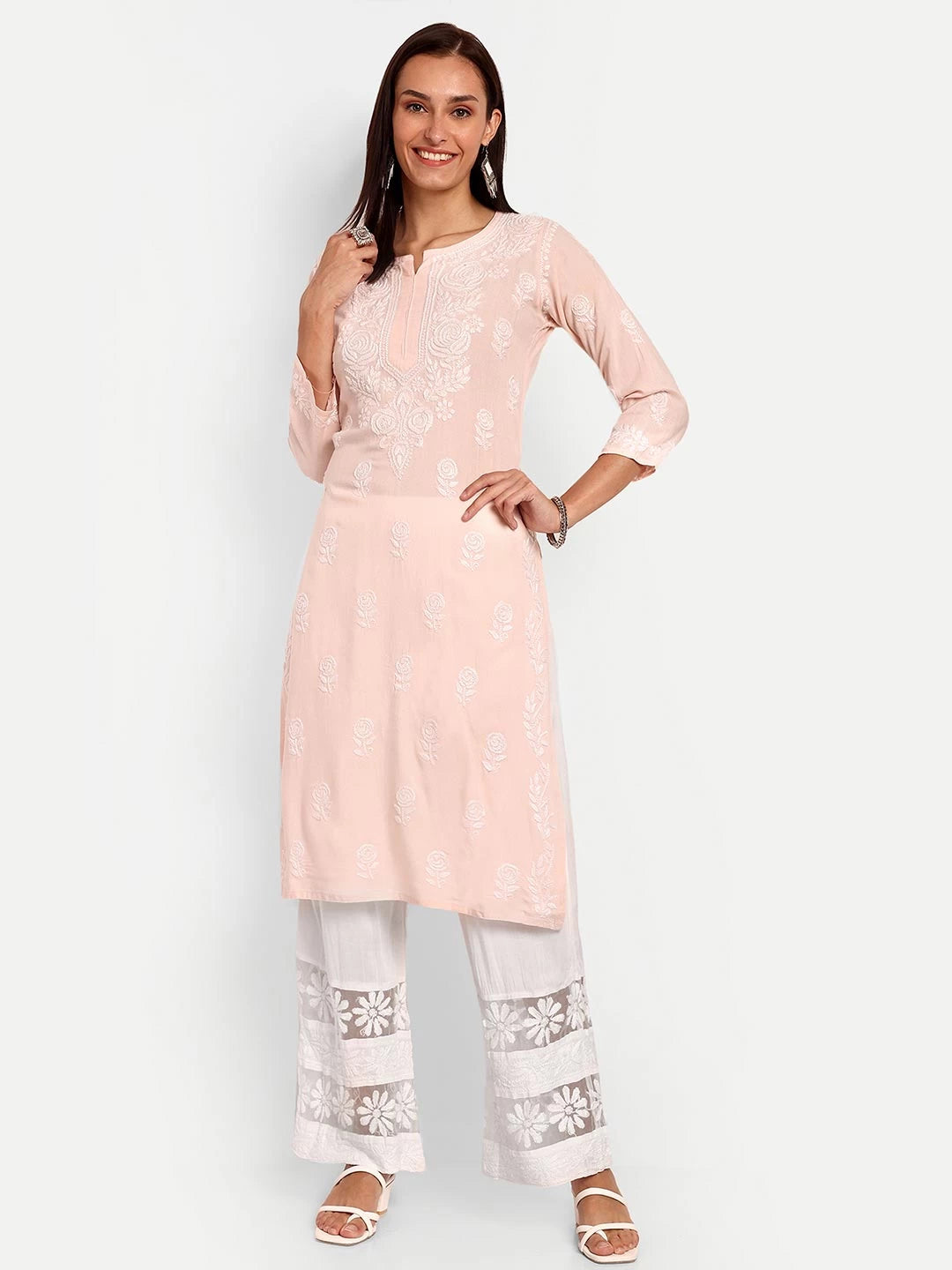 Ada Hand Embroidered White Rayon Lucknowi Chikankari Palazzo A711176