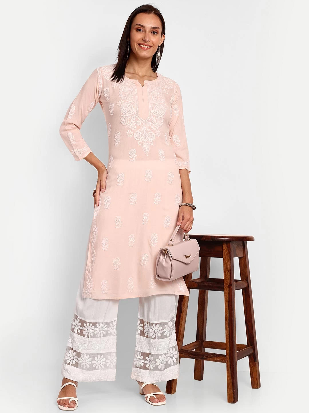 Ada Hand Embroidered White Rayon Lucknowi Chikankari Palazzo A711176