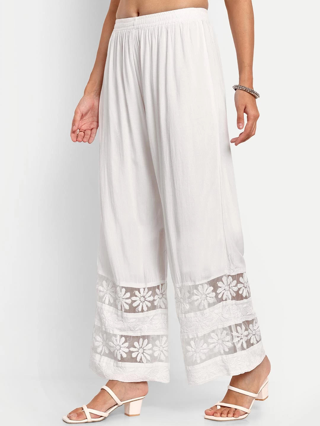 Ada Hand Embroidered White Rayon Lucknowi Chikankari Palazzo A711176