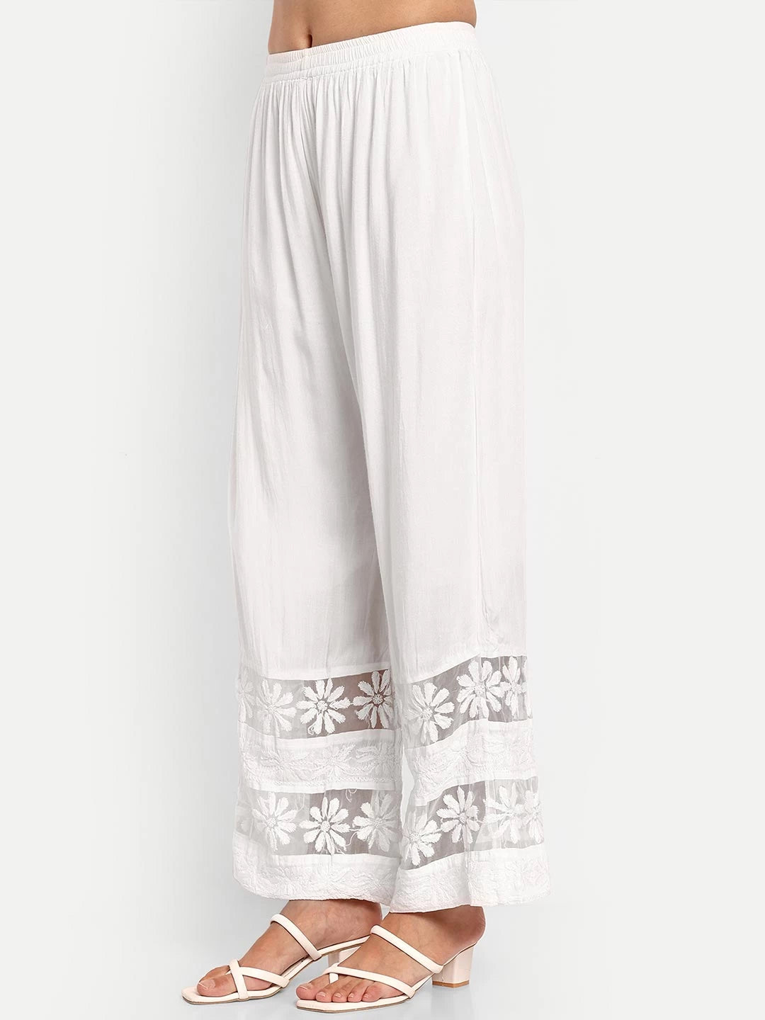 Ada Hand Embroidered White Rayon Lucknowi Chikankari Palazzo A711176