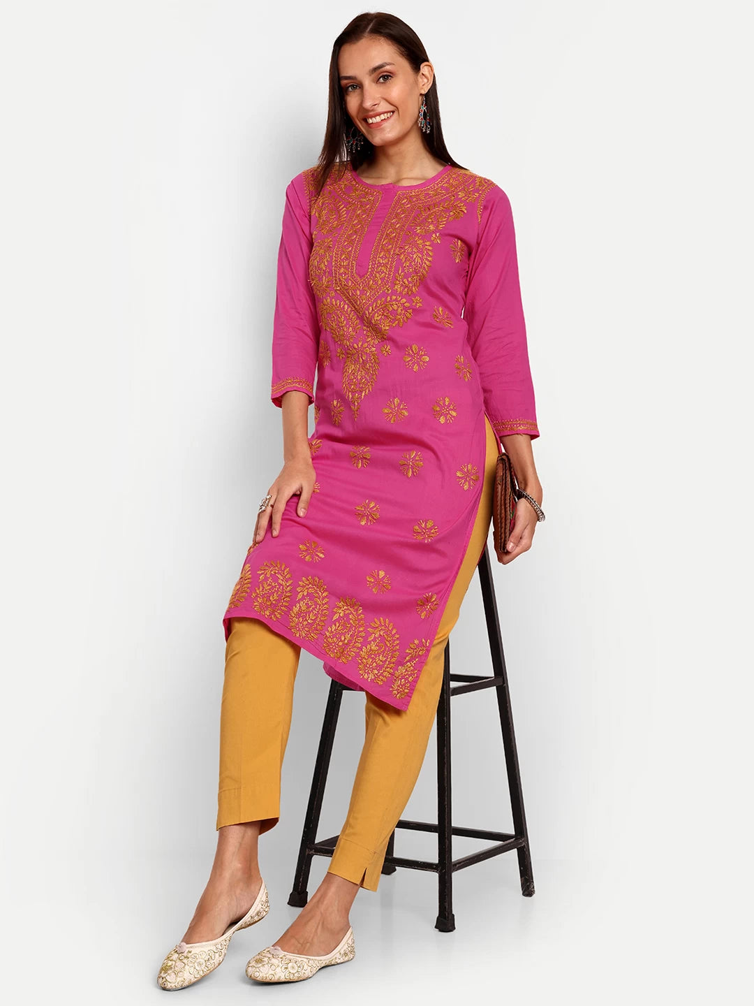 Ada Hand Embroidered Pink Cotton Lucknowi Chikankari Straight Kurta A188186