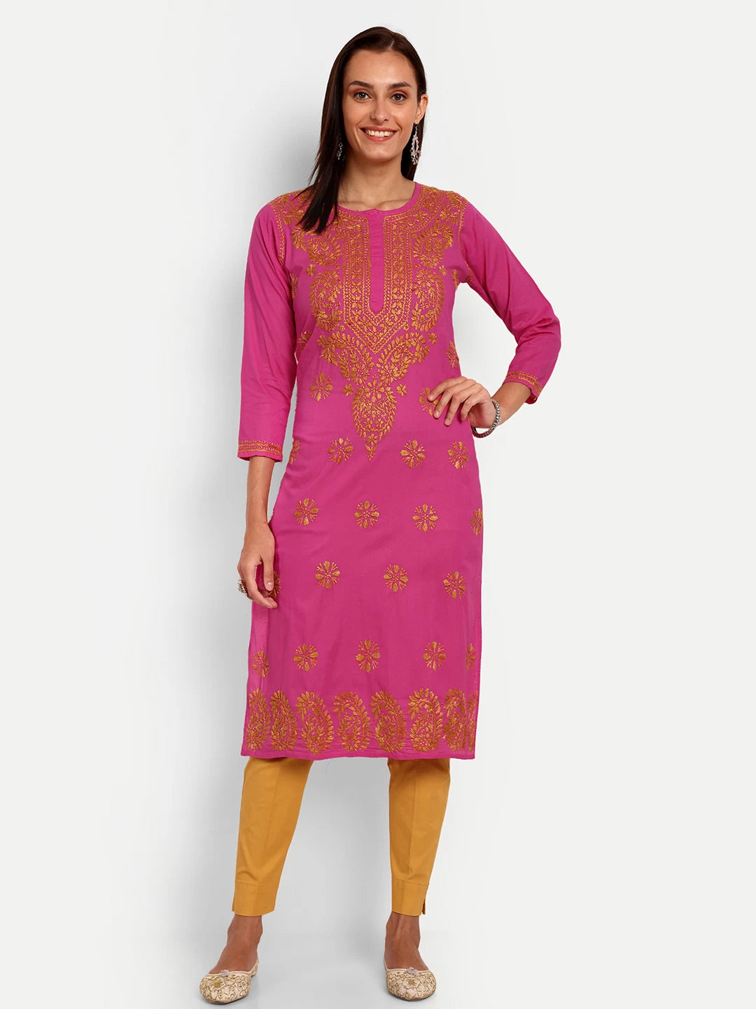 Ada Hand Embroidered Pink Cotton Lucknowi Chikankari Straight Kurta A188186