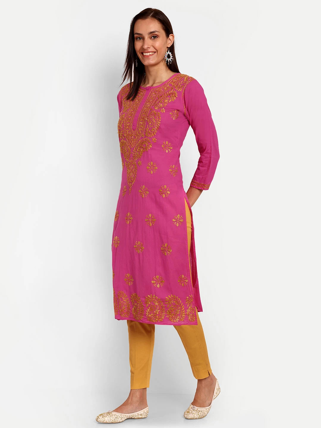 Ada Hand Embroidered Pink Cotton Lucknowi Chikankari Straight Kurta A188186