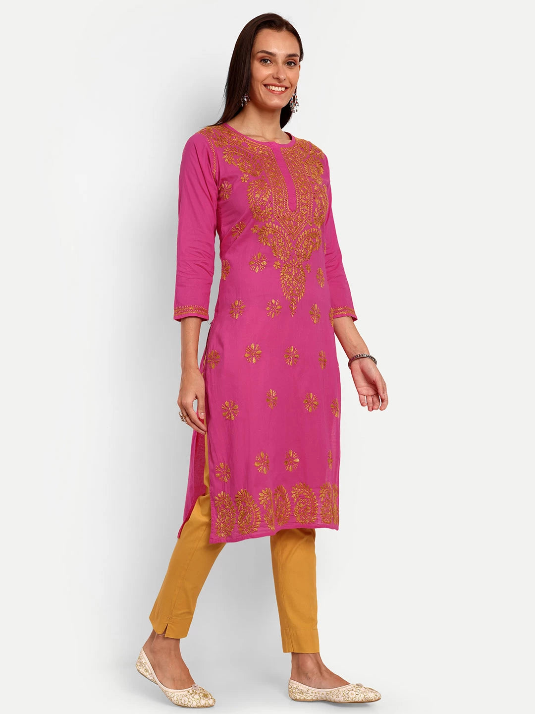 Ada Hand Embroidered Pink Cotton Lucknowi Chikankari Straight Kurta A188186