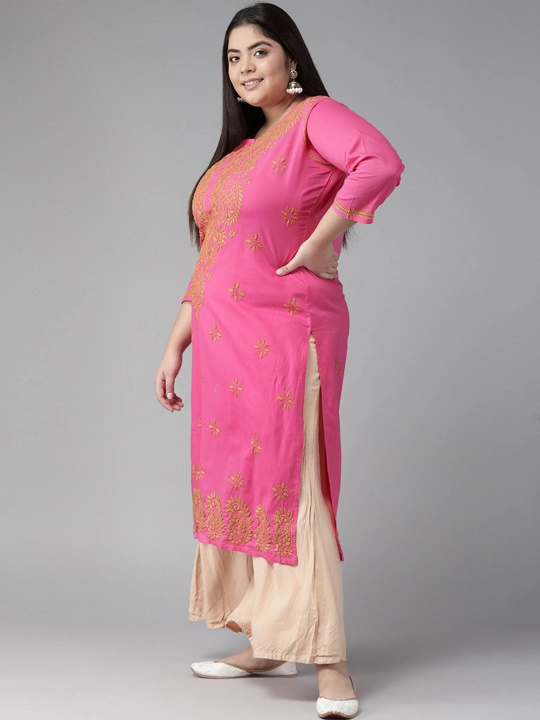 Ada Hand Embroidered Pink Cotton Lucknowi Chikankari Straight Kurta A188186