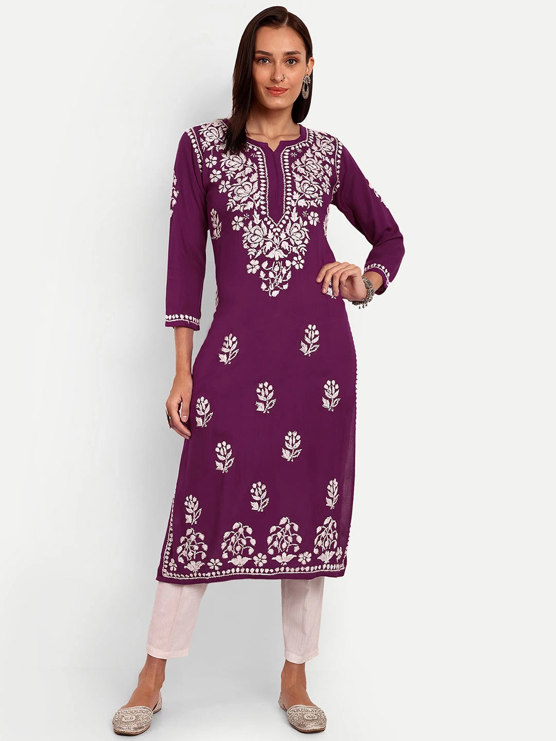 Ada Hand Embroidered Purple Rayon Lucknowi Chikankari Straight Kurta A411511