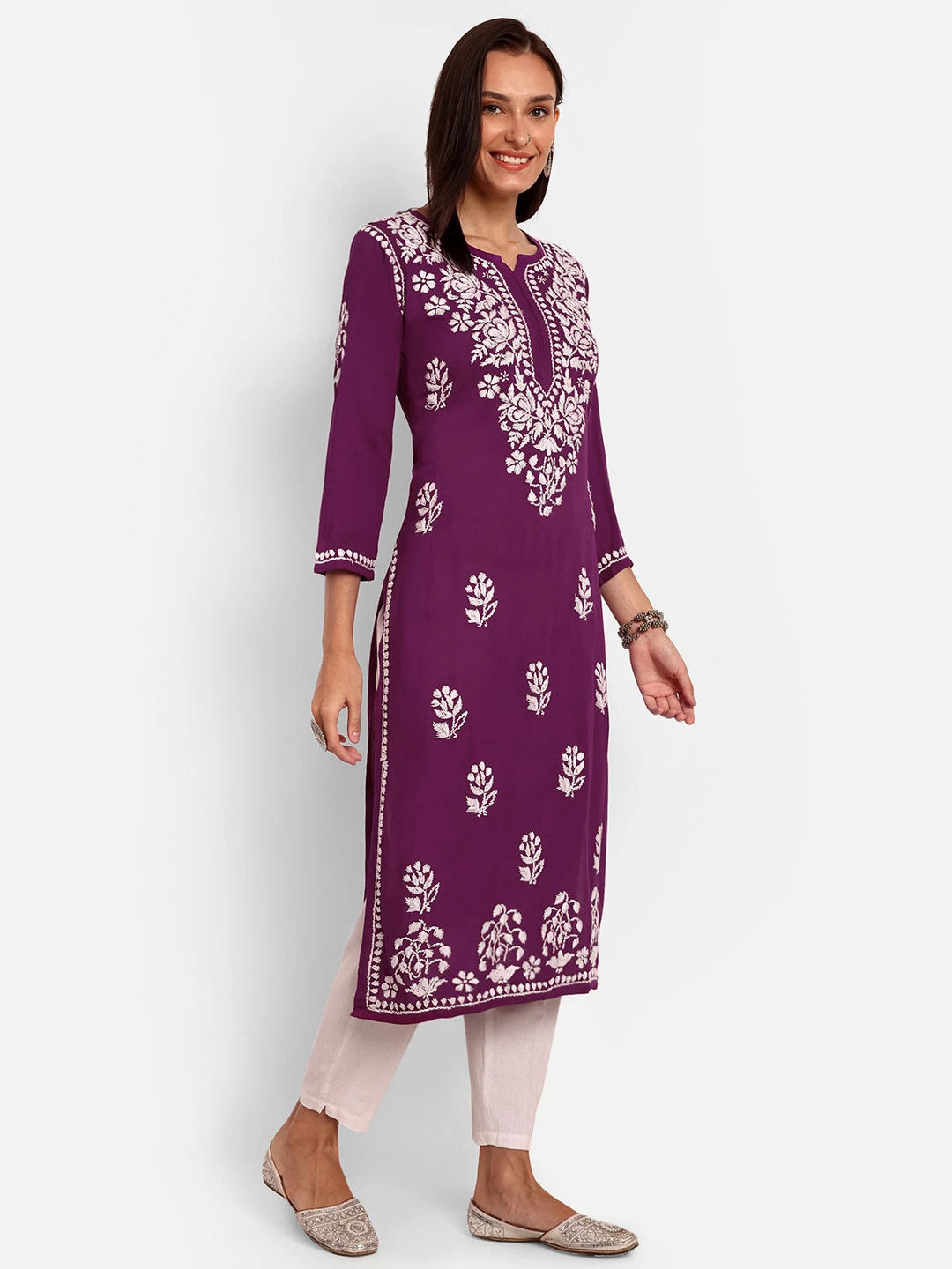 Ada Hand Embroidered Purple Rayon Lucknowi Chikankari Straight Kurta A411511