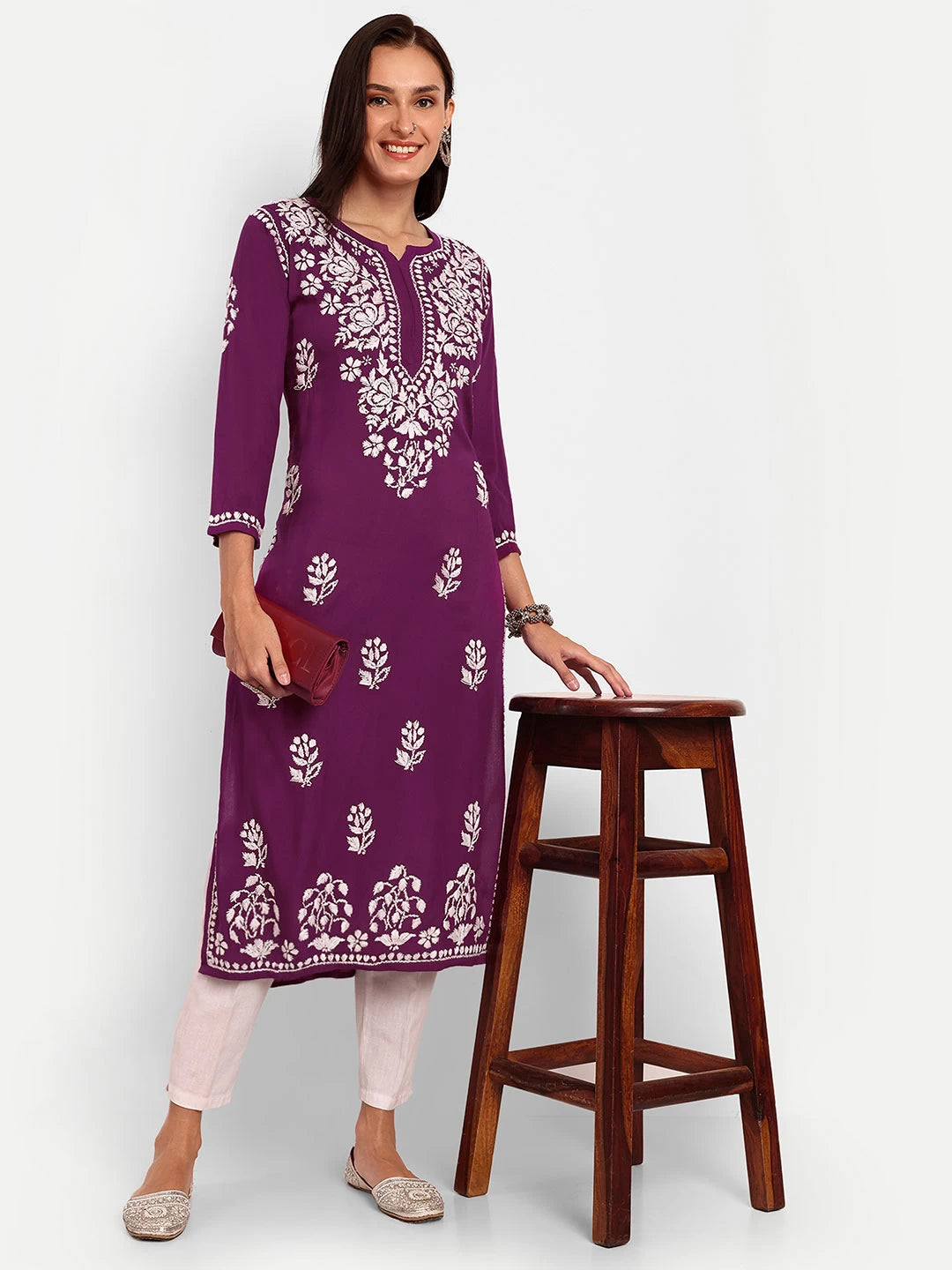 Ada Hand Embroidered Purple Rayon Lucknowi Chikankari Straight Kurta A411511