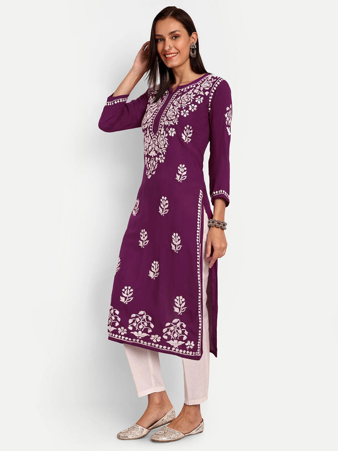 Ada Hand Embroidered Purple Rayon Lucknowi Chikankari Straight Kurta A411511