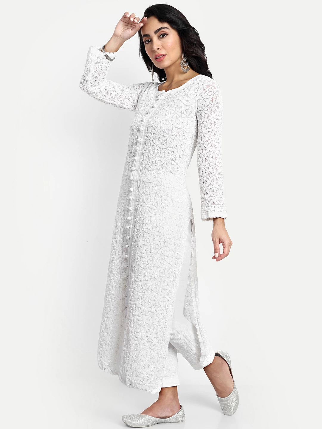 Ada Hand Embroidered White Georgette Lucknowi Chikankari Straight Kurta A411525