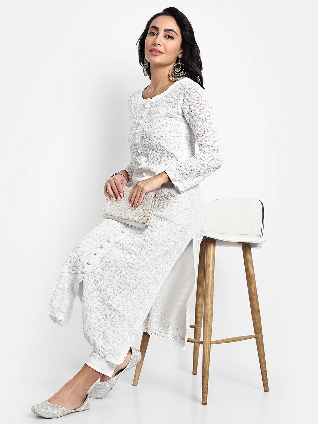 Ada Hand Embroidered White Georgette Lucknowi Chikankari Straight Kurta A411525