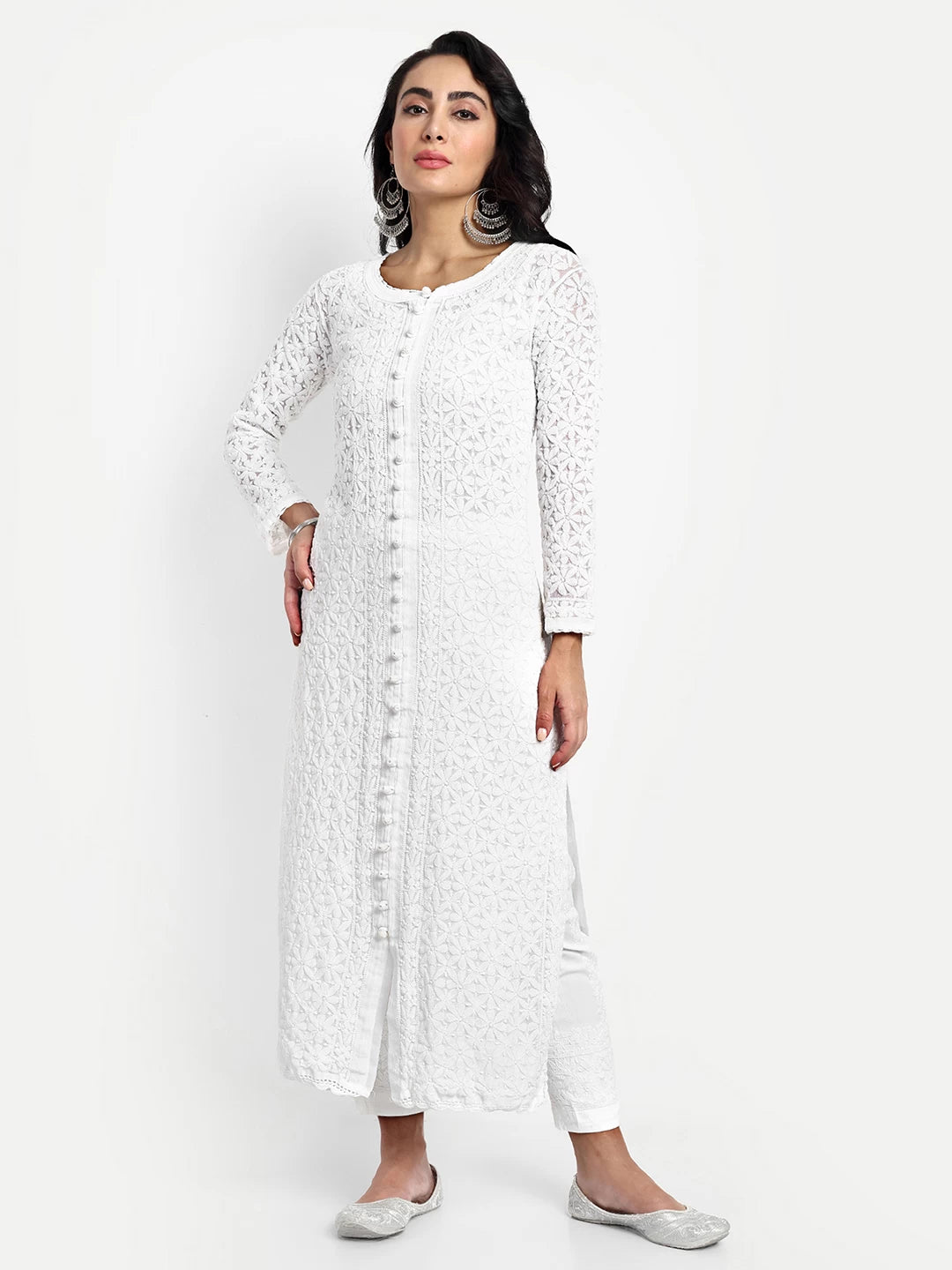 Ada Hand Embroidered White Georgette Lucknowi Chikankari Straight Kurta A411525