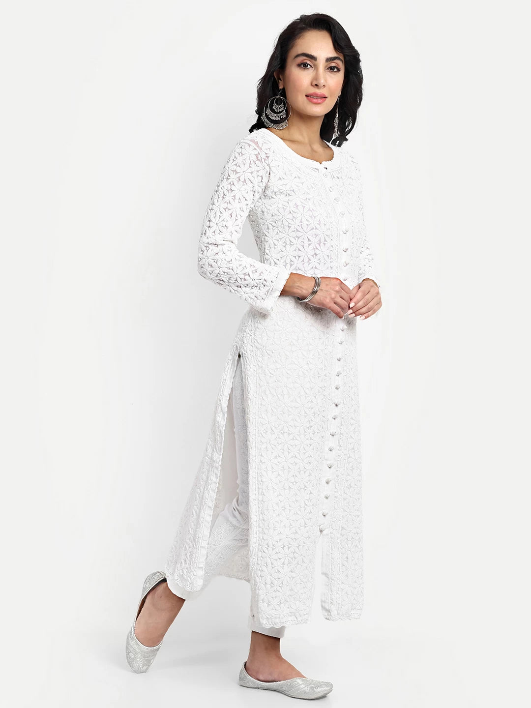 Ada Hand Embroidered White Georgette Lucknowi Chikankari Straight Kurta A411525