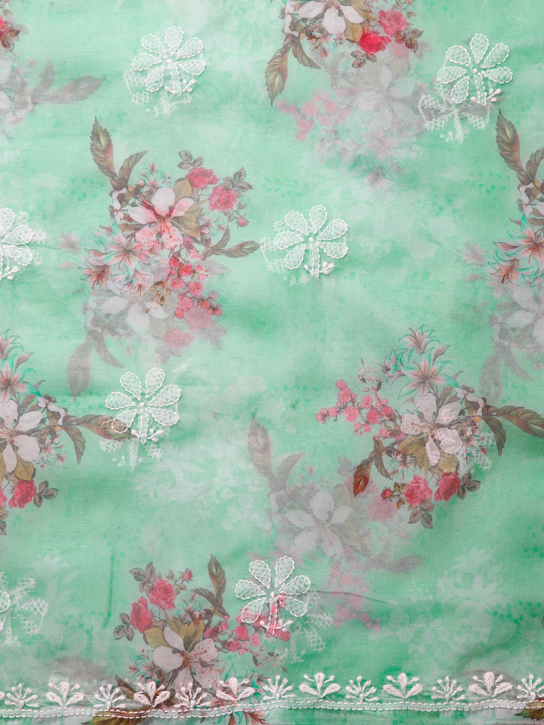Ada Hand Embroidered Sea Green Floral Print Organza Lucknowi Chikankari Unstitched Kurta Dupatta Set 01A457405