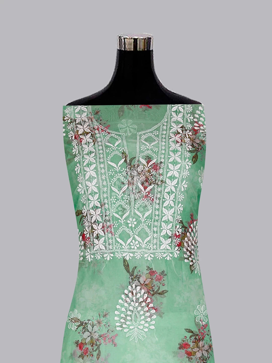 Ada Hand Embroidered Sea Green Floral Print Organza Lucknowi Chikankari Unstitched Kurta Dupatta Set 01A457405