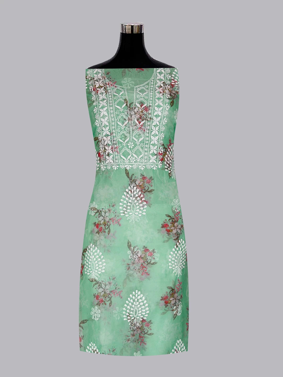 Ada Hand Embroidered Sea Green Floral Print Organza Lucknowi Chikankari Unstitched Kurta Dupatta Set 01A457405
