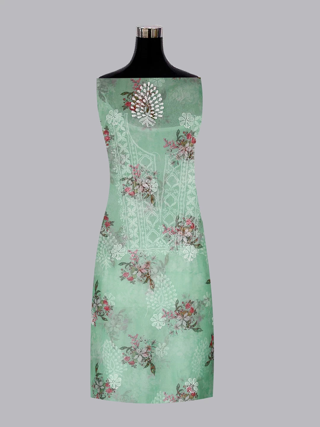 Ada Hand Embroidered Sea Green Floral Print Organza Lucknowi Chikankari Unstitched Kurta Dupatta Set 01A457405