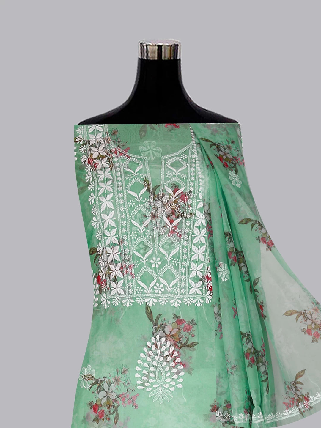 Ada Hand Embroidered Sea Green Floral Print Organza Lucknowi Chikankari Unstitched Kurta Dupatta Set 01A457405