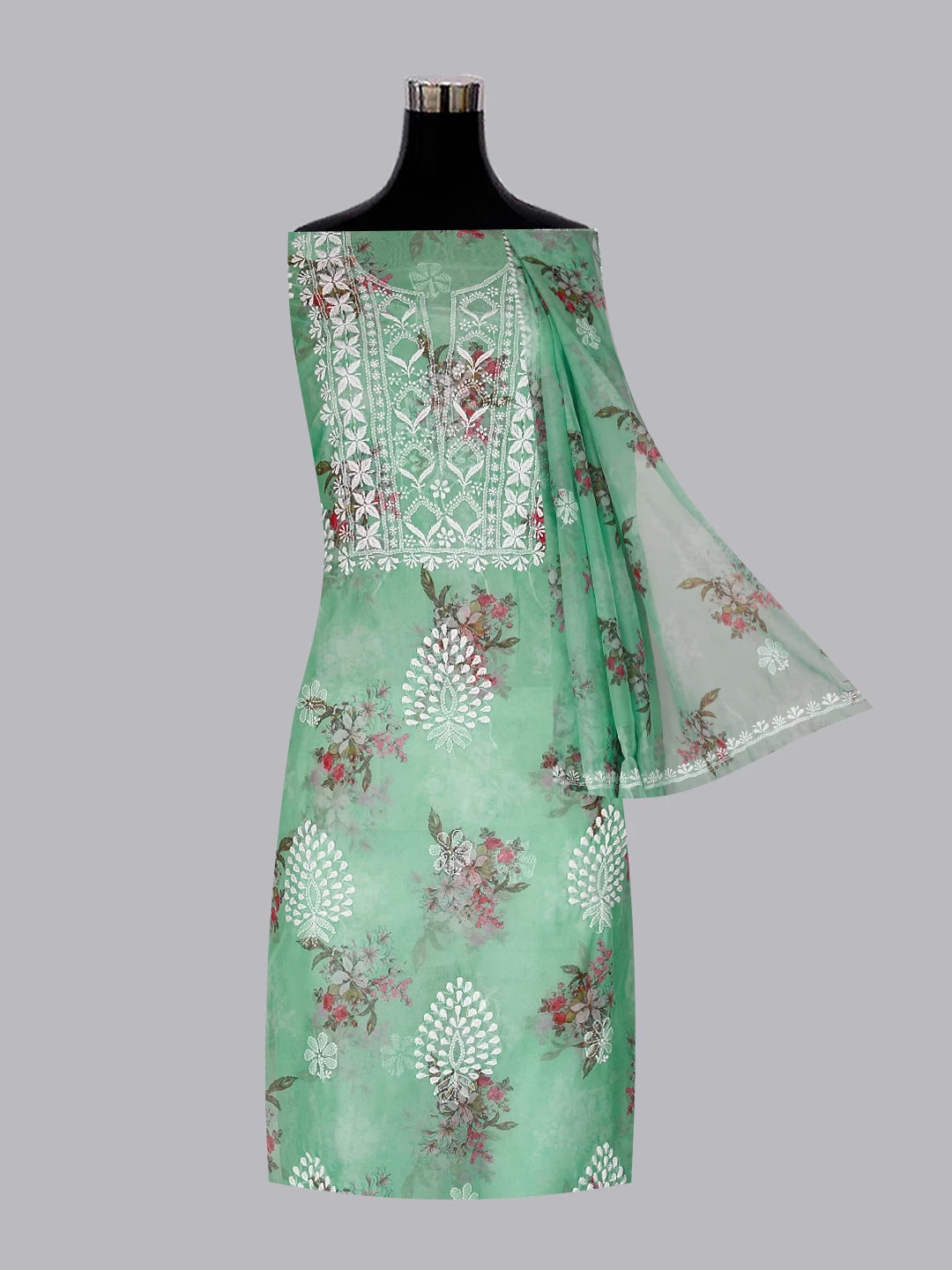 Ada Hand Embroidered Sea Green Floral Print Organza Lucknowi Chikankari Unstitched Kurta Dupatta Set 01A457405