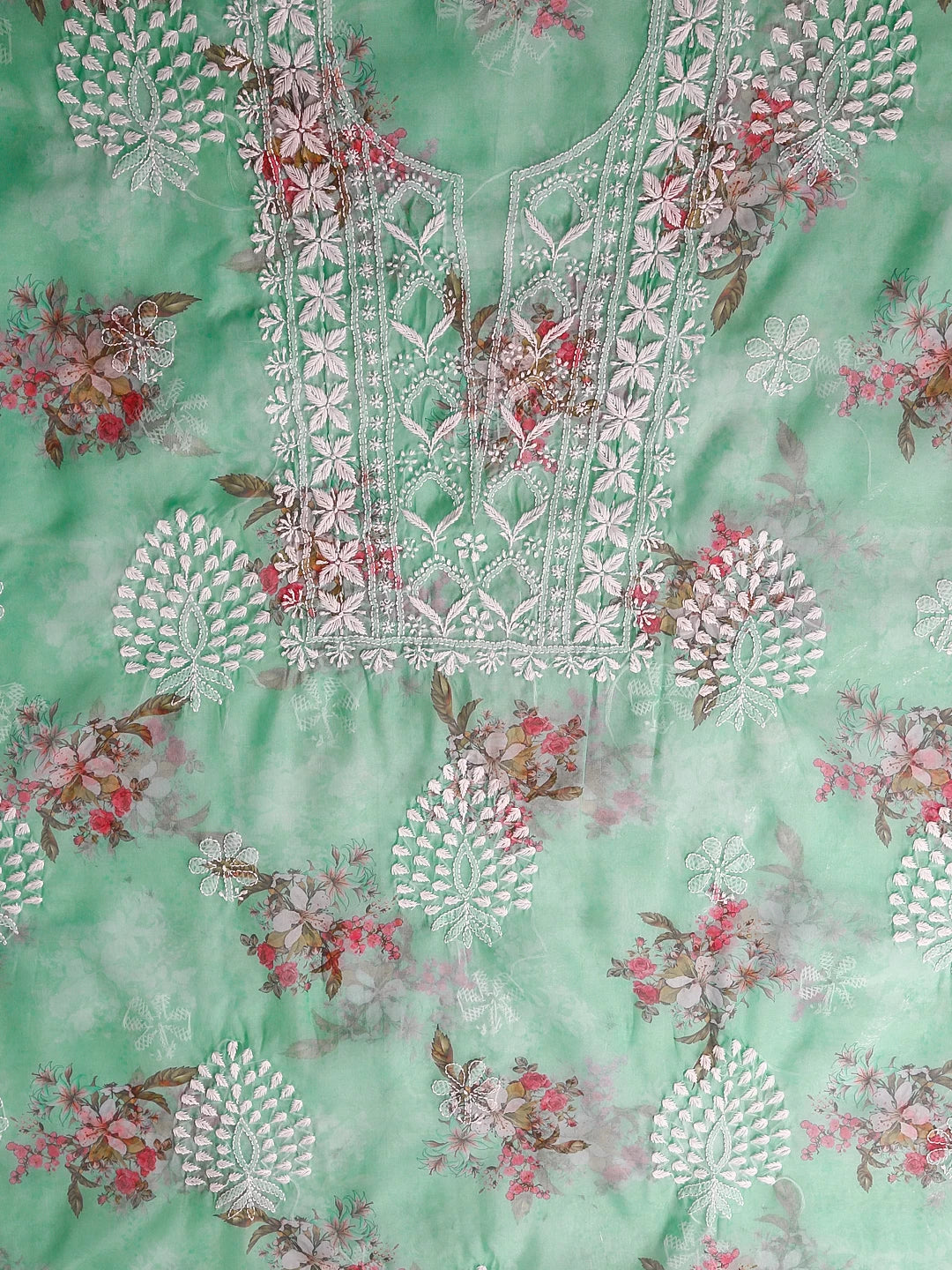 Ada Hand Embroidered Sea Green Floral Print Organza Lucknowi Chikankari Unstitched Kurta Dupatta Set 01A457405