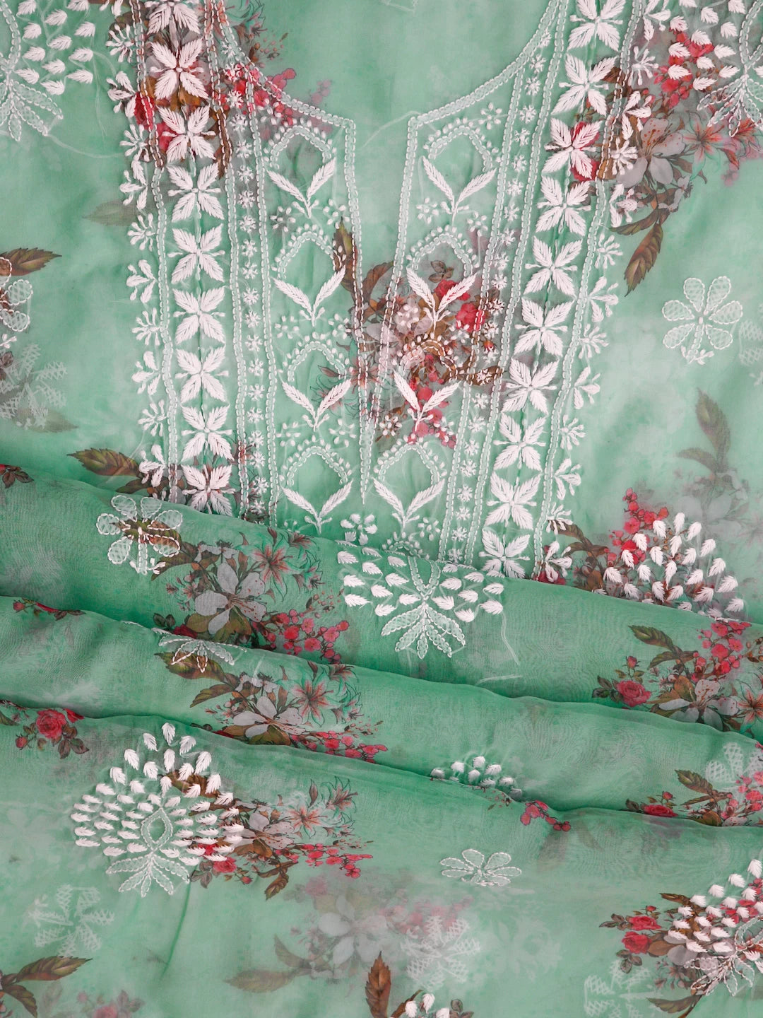 Ada Hand Embroidered Sea Green Floral Print Organza Lucknowi Chikankari Unstitched Kurta Dupatta Set 01A457405