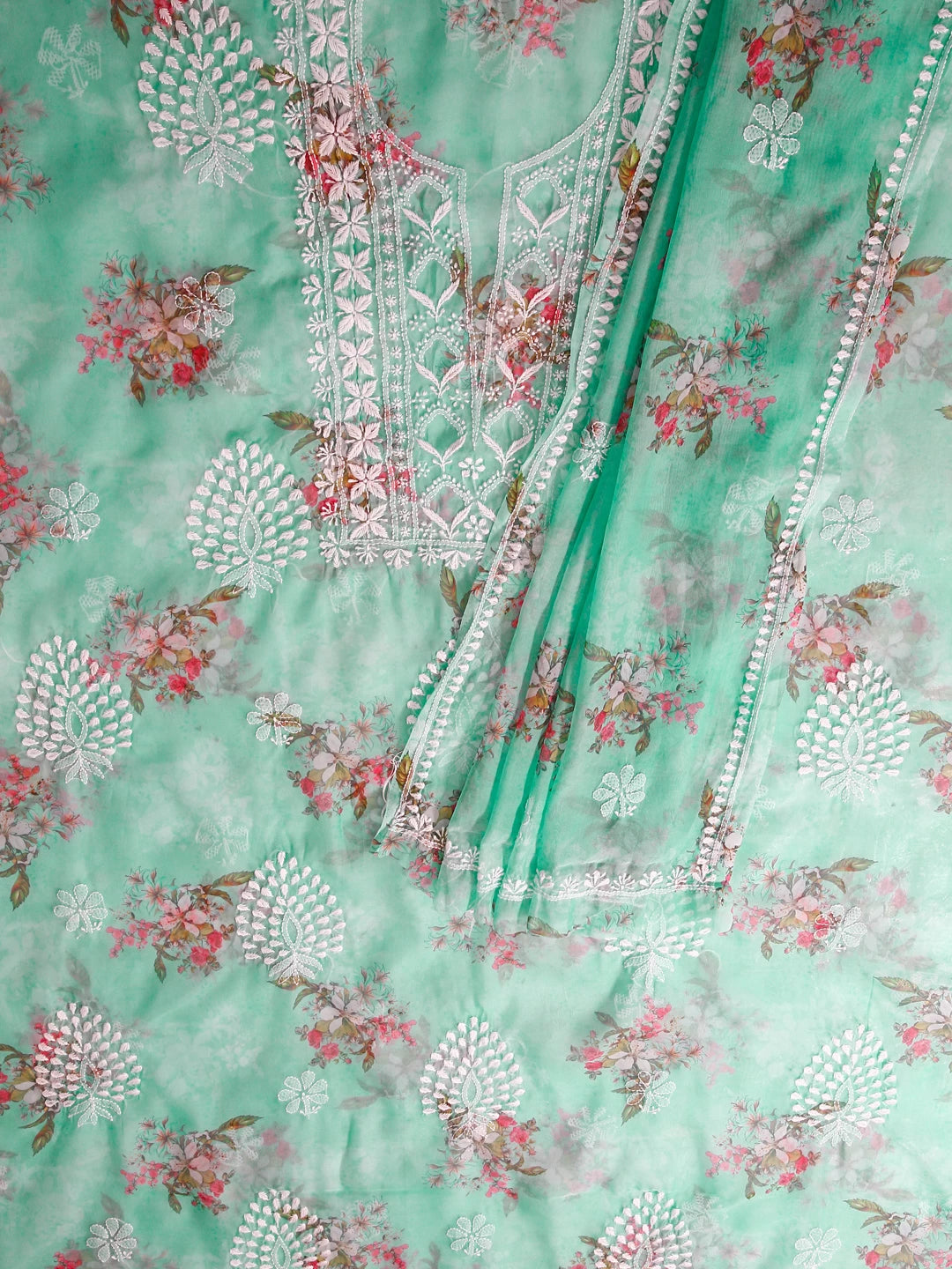 Ada Hand Embroidered Sea Green Floral Print Organza Lucknowi Chikankari Unstitched Kurta Dupatta Set 01A457405