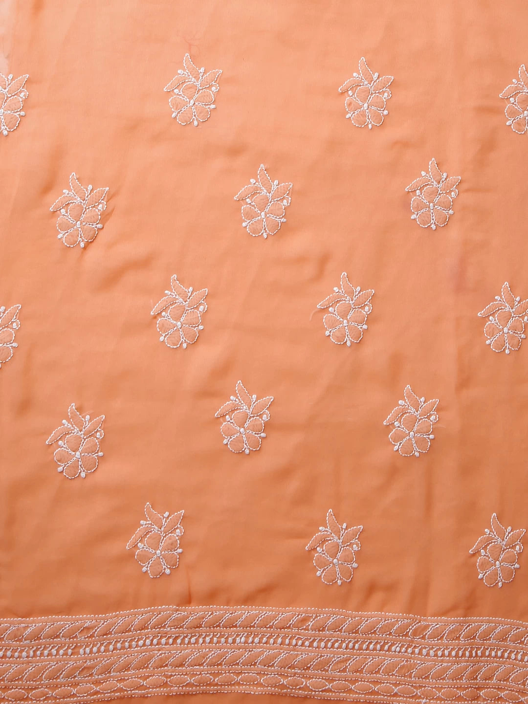 Ada Hand Embroidered Peach Orange Georgette Lucknowi Chikan Unstitched Kurta Piece 01A445298