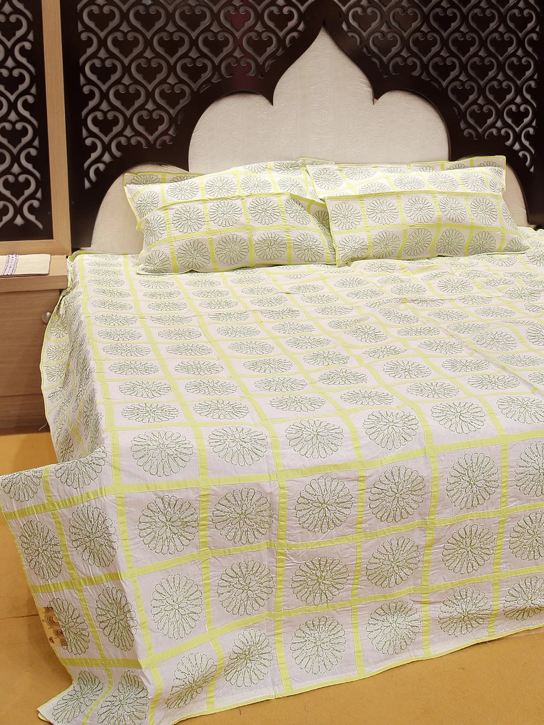 Ada Hand Embroidered White And Green Cotton Lucknowi Chikankari Bed Sheet With Pillow Cover Set 01A316593