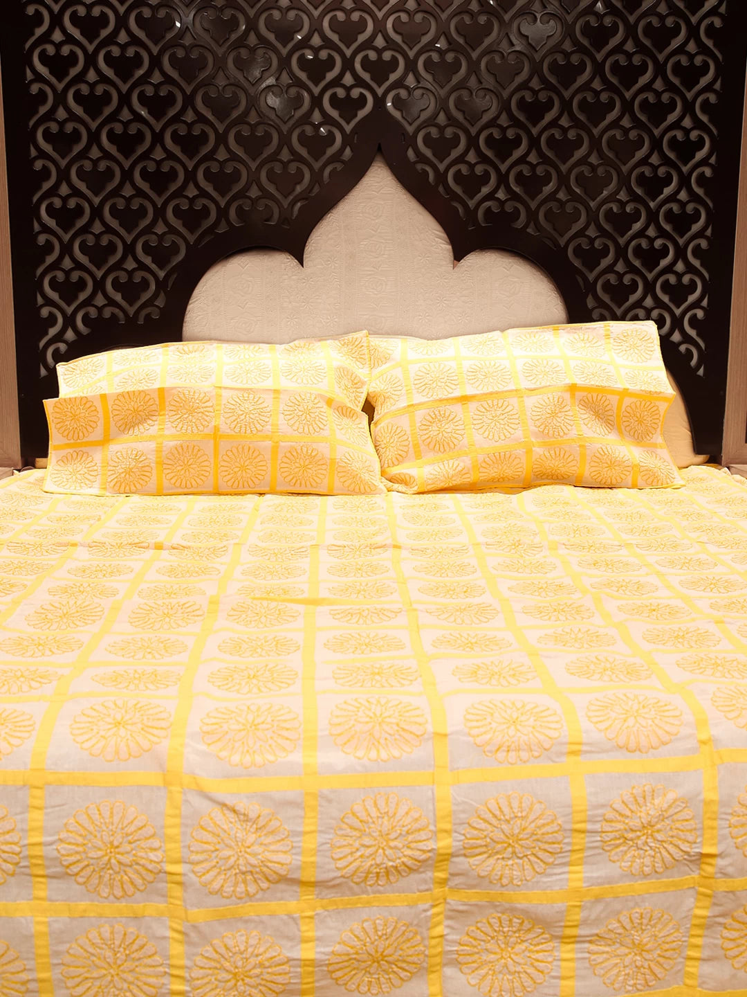 Ada Hand Embroidered White And Yellow Cotton Lucknowi Chikankari Bed Sheet With Pillow Cover Set 01A384233