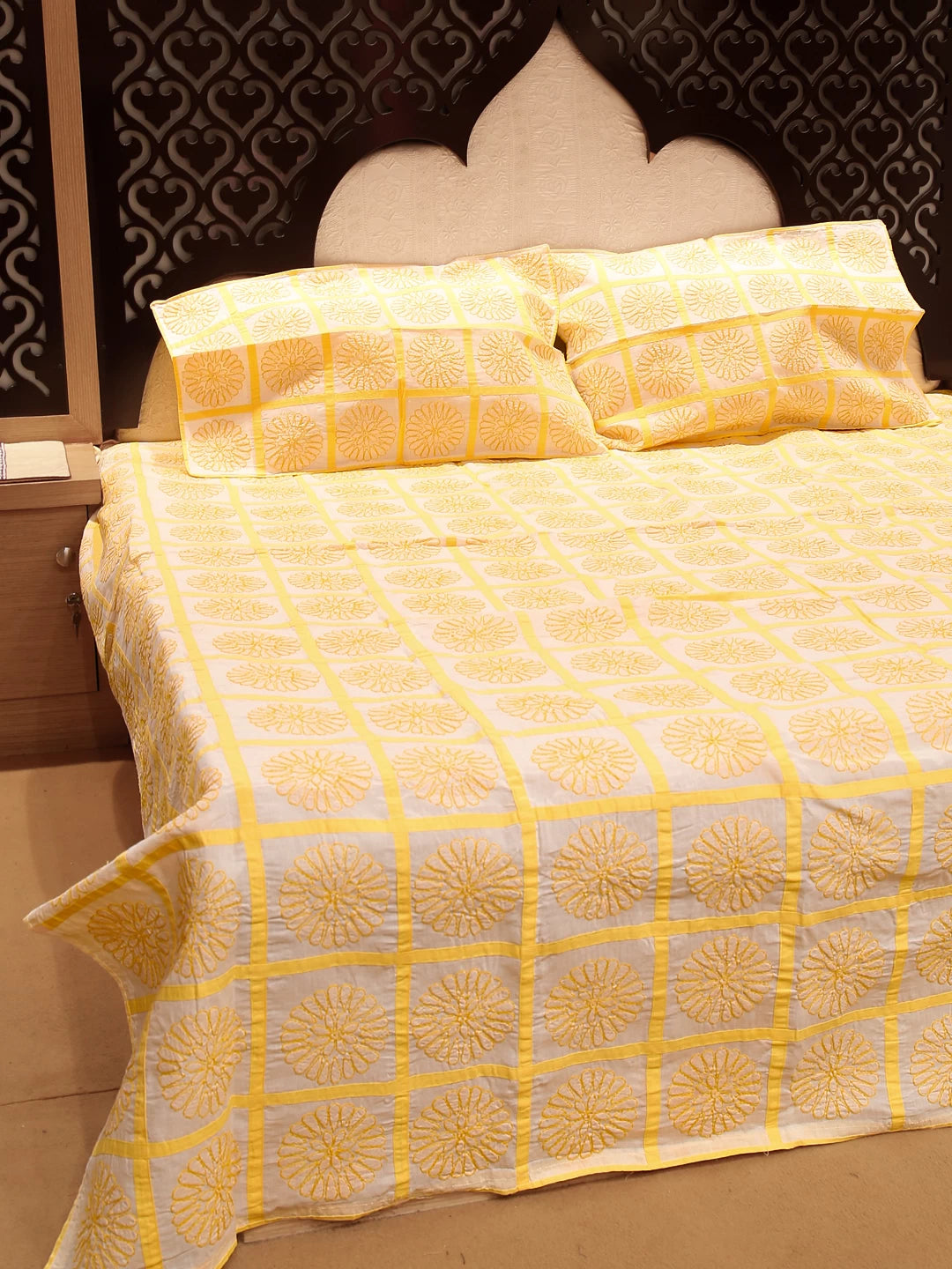 Ada Hand Embroidered White And Yellow Cotton Lucknowi Chikankari Bed Sheet With Pillow Cover Set 01A384233