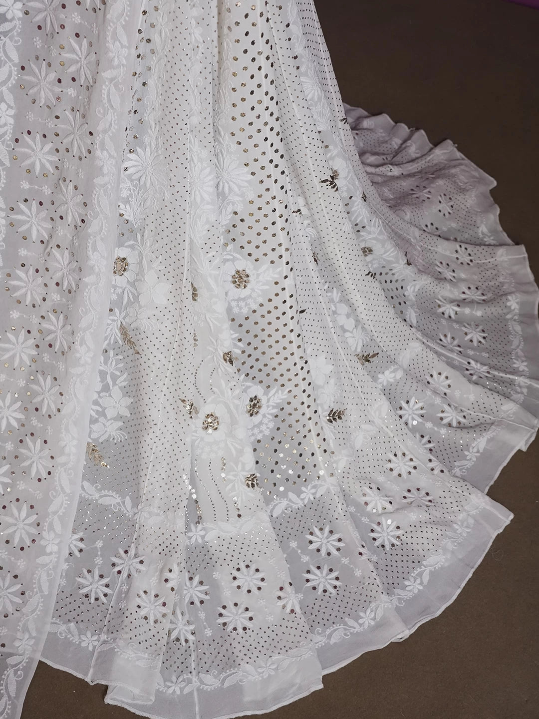 Ada Hand Embroidered Ivory White Pure Georgette Lucknowi Chikankari Lehenga Set With Muqaish Work 01A440116