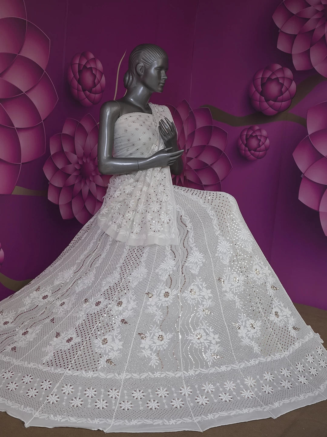 Ada Hand Embroidered Ivory White Pure Georgette Lucknowi Chikankari Lehenga Set With Muqaish Work 01A440116