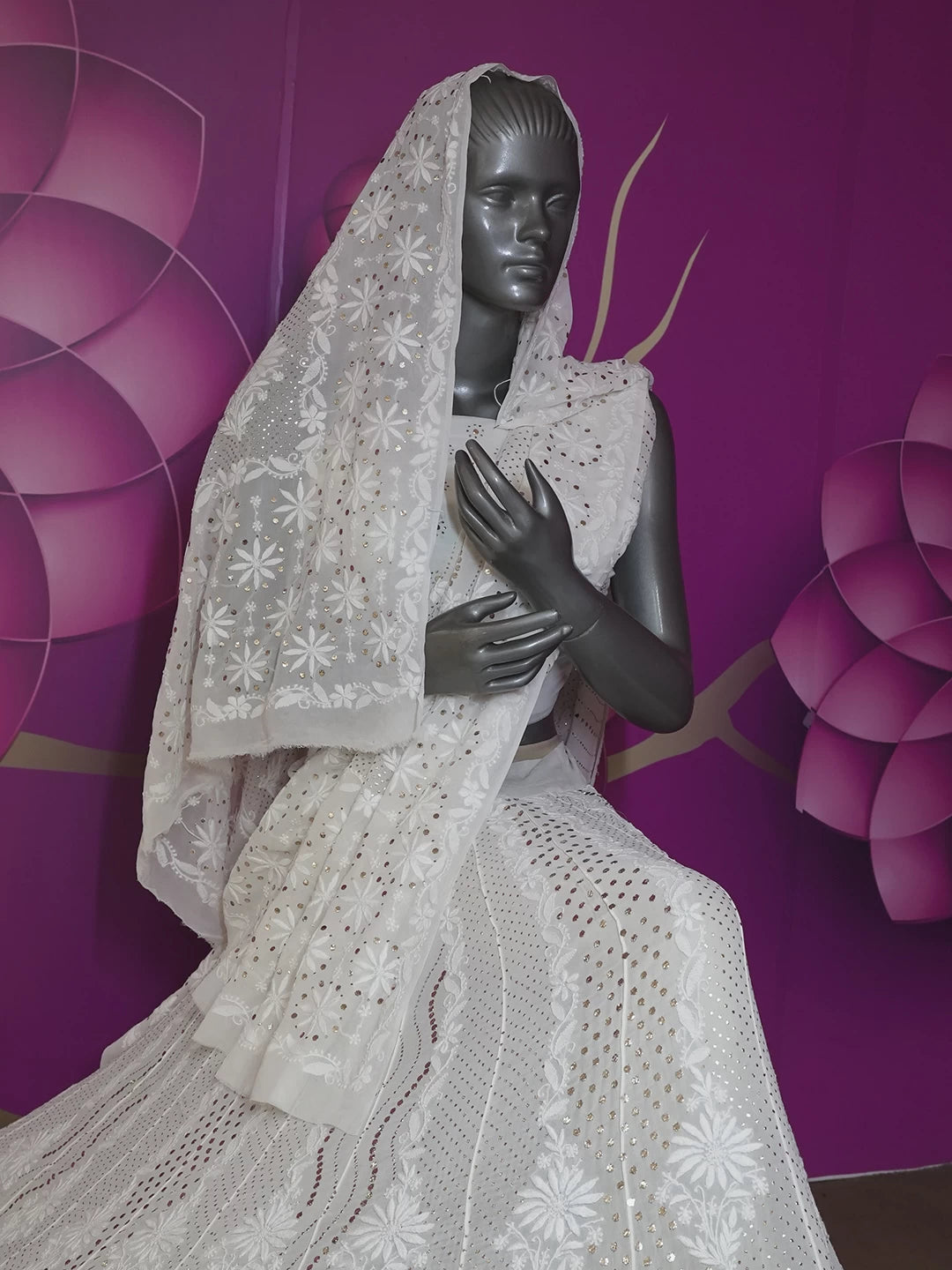 Ada Hand Embroidered Ivory White Pure Georgette Lucknowi Chikankari Lehenga Set With Muqaish Work 01A440116