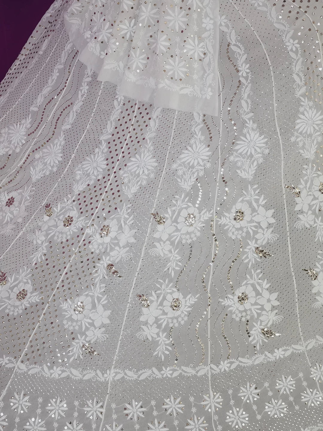 Ada Hand Embroidered Ivory White Pure Georgette Lucknowi Chikankari Lehenga Set With Muqaish Work 01A440116