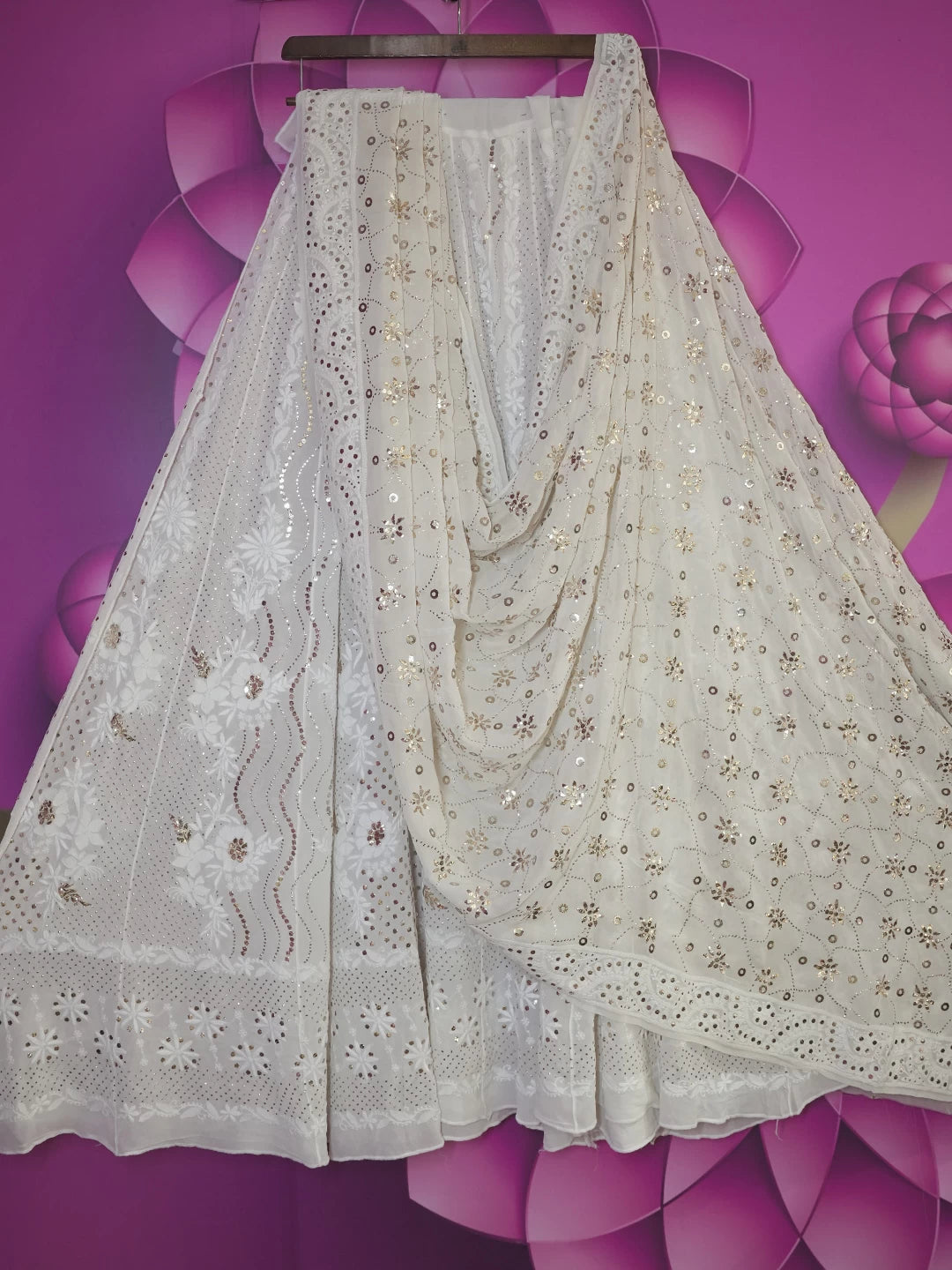 Ada Hand Embroidered Ivory White Pure Georgette Lucknowi Chikankari Lehenga Set With Muqaish Work 01A440116