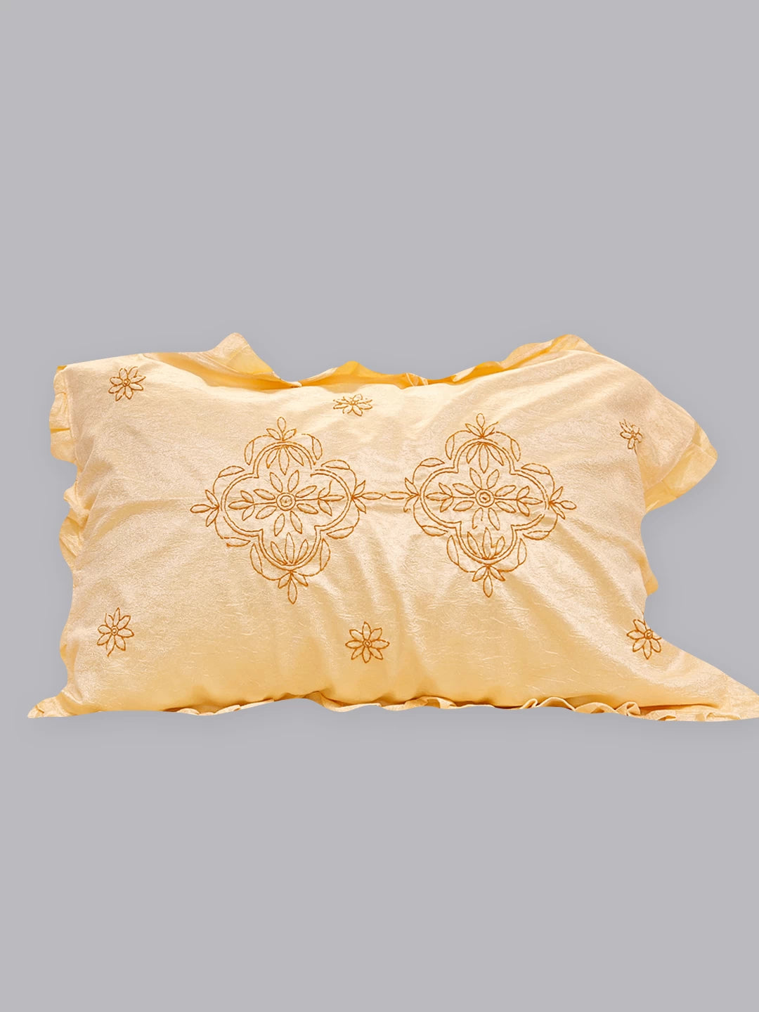 Ada Hand Embroidered Beige Silk Lucknowi Chikankari Bed Sheet With Pillow /Cushion Cover Set 01A442694