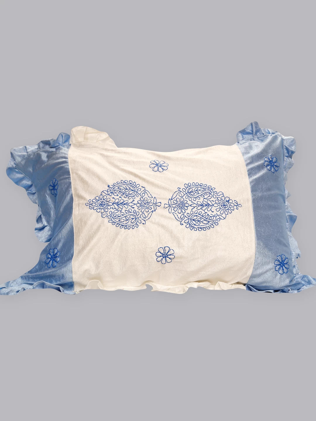 Ada Hand Embroidered White And Blue Silk Lucknowi Chikankari Bed Sheet With Pillow /Cushion Cover Set 01A442693