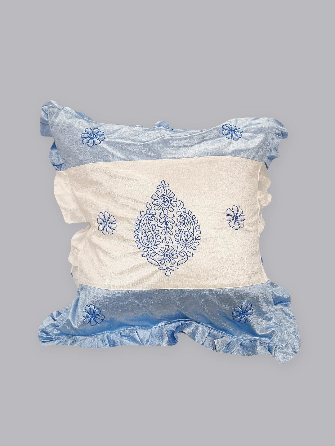 Ada Hand Embroidered White And Blue Silk Lucknowi Chikankari Bed Sheet With Pillow /Cushion Cover Set 01A442693
