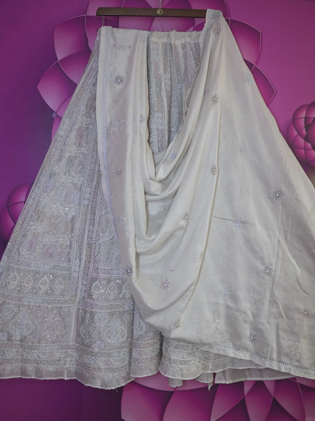 Ada Hand Embroidered Off White Chanderi Lucknowi Chikankari Lehenga Set 01A395477