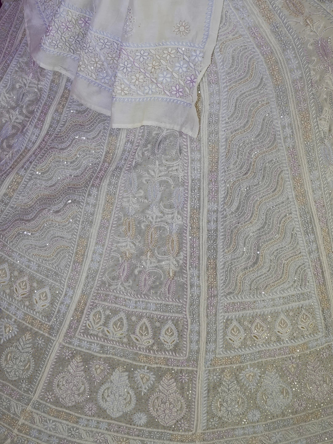 Ada Hand Embroidered Off White Chanderi Lucknowi Chikankari Lehenga Set 01A395477