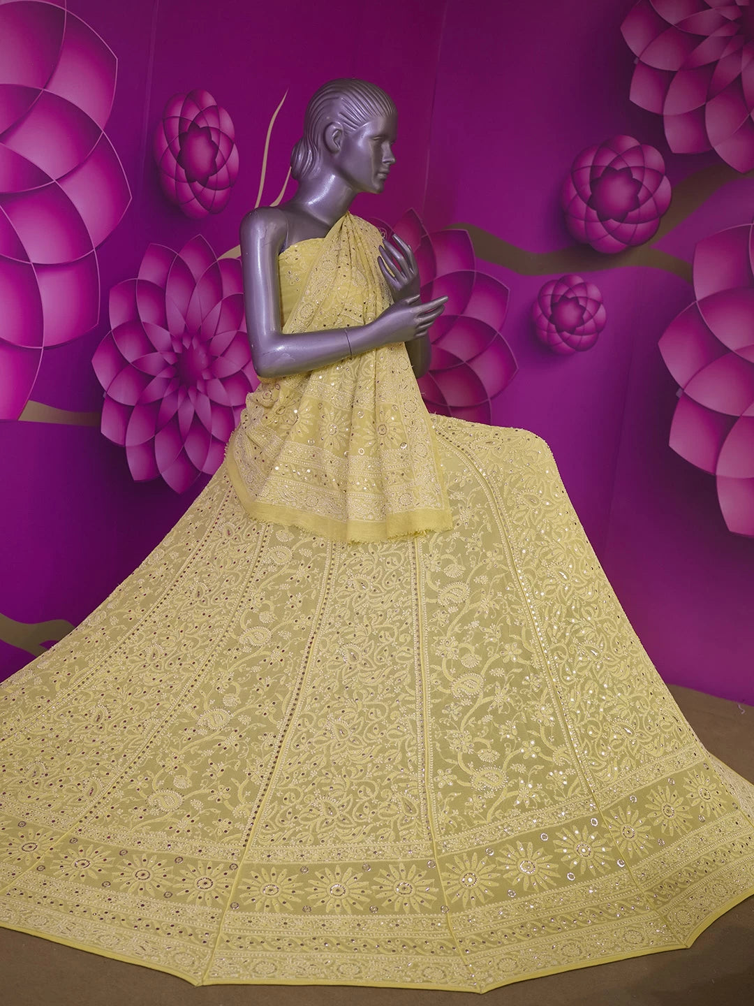 Ada Hand Embroidered Light Yellow Georgette Lucknowi Chikankari Lehenga Set With Mukaish Work 01A388216