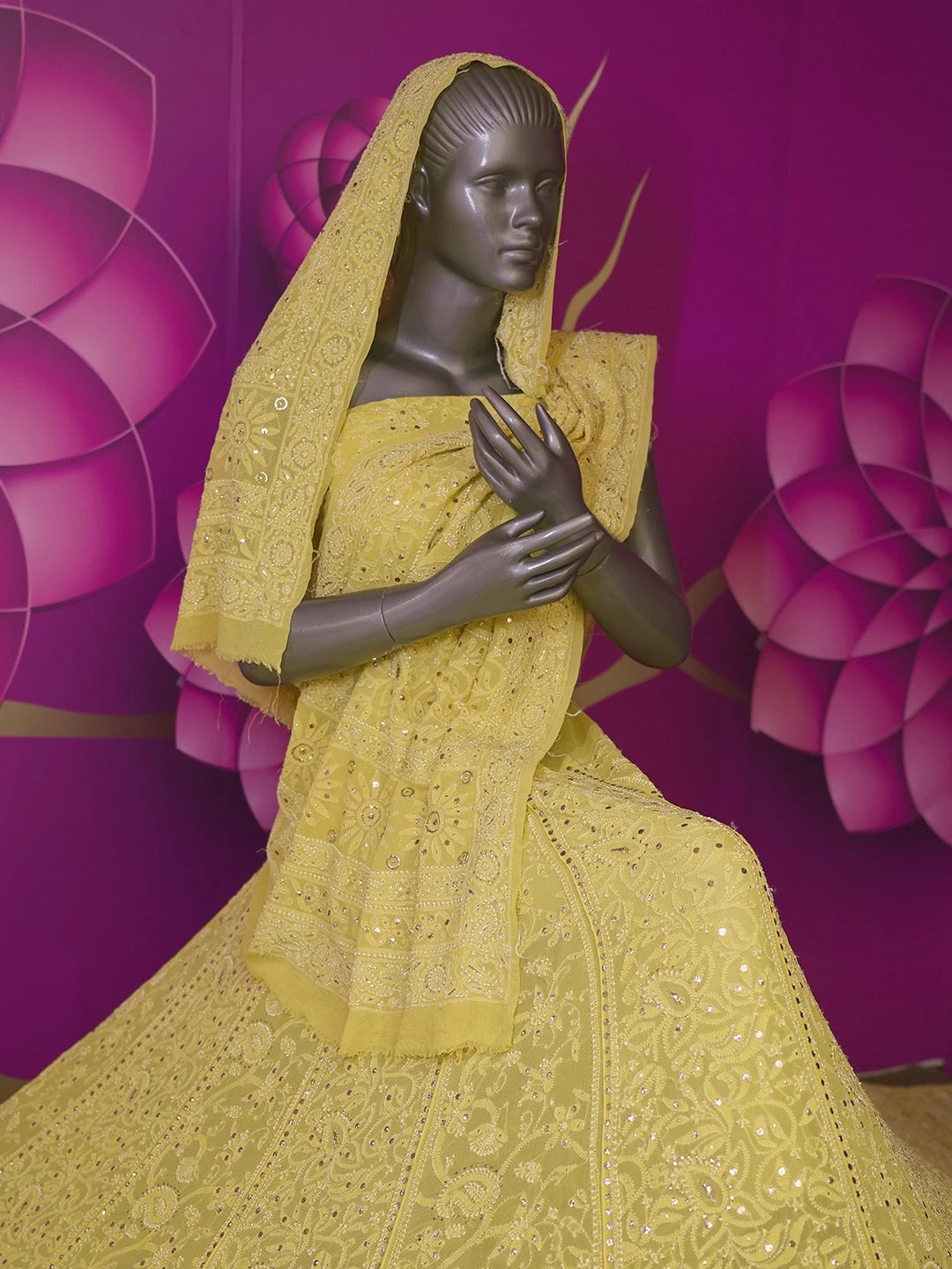 Ada Hand Embroidered Light Yellow Georgette Lucknowi Chikankari Lehenga Set With Mukaish Work 01A388216