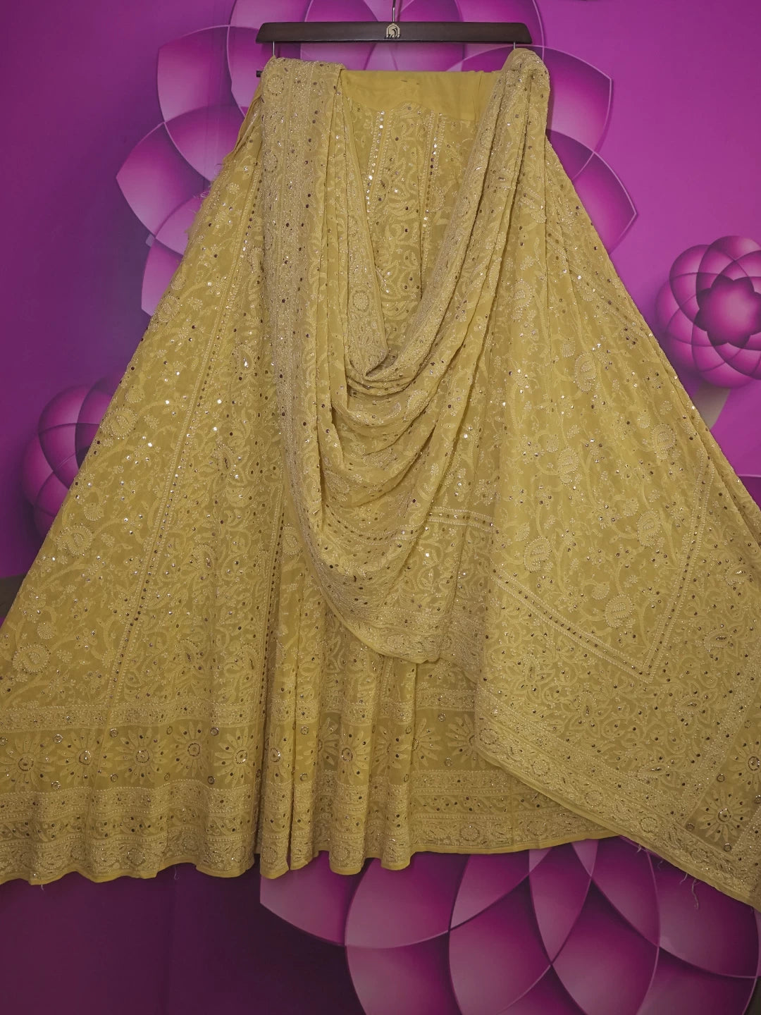 Ada Hand Embroidered Light Yellow Georgette Lucknowi Chikankari Lehenga Set With Mukaish Work 01A388216