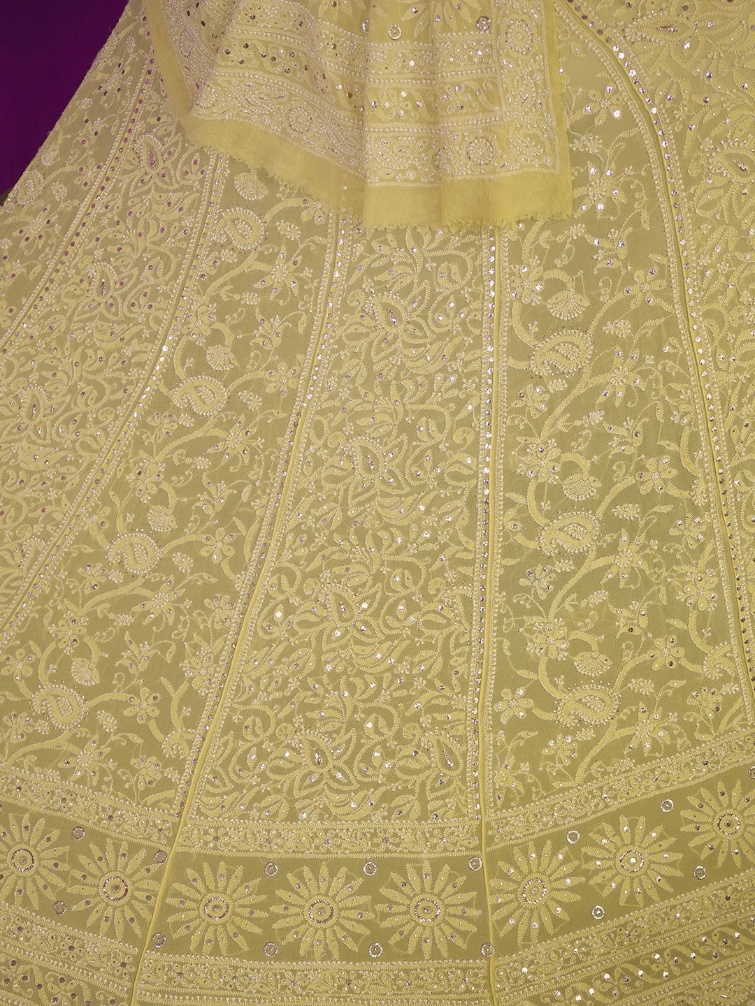Ada Hand Embroidered Light Yellow Georgette Lucknowi Chikankari Lehenga Set With Mukaish Work 01A388216