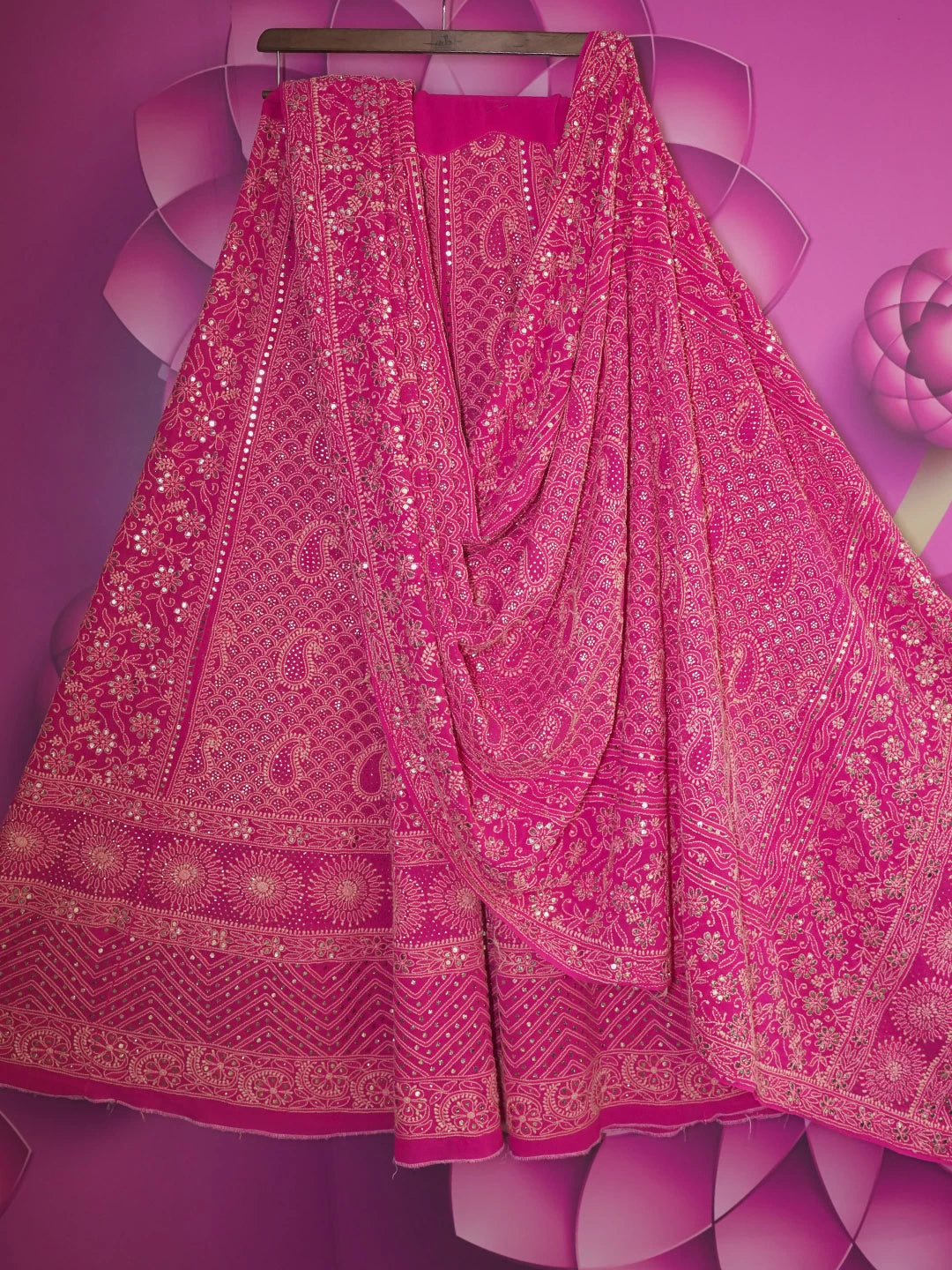 Ada Hand Embroidered Fuchsia Pink Pure Georgette Lucknowi Chikankari Lehenga Set With Muqaish Work 01A402006