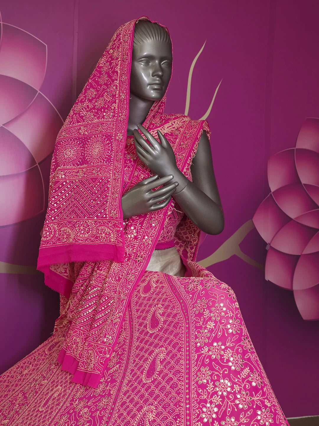 Ada Hand Embroidered Fuchsia Pink Pure Georgette Lucknowi Chikankari Lehenga Set With Muqaish Work 01A402006