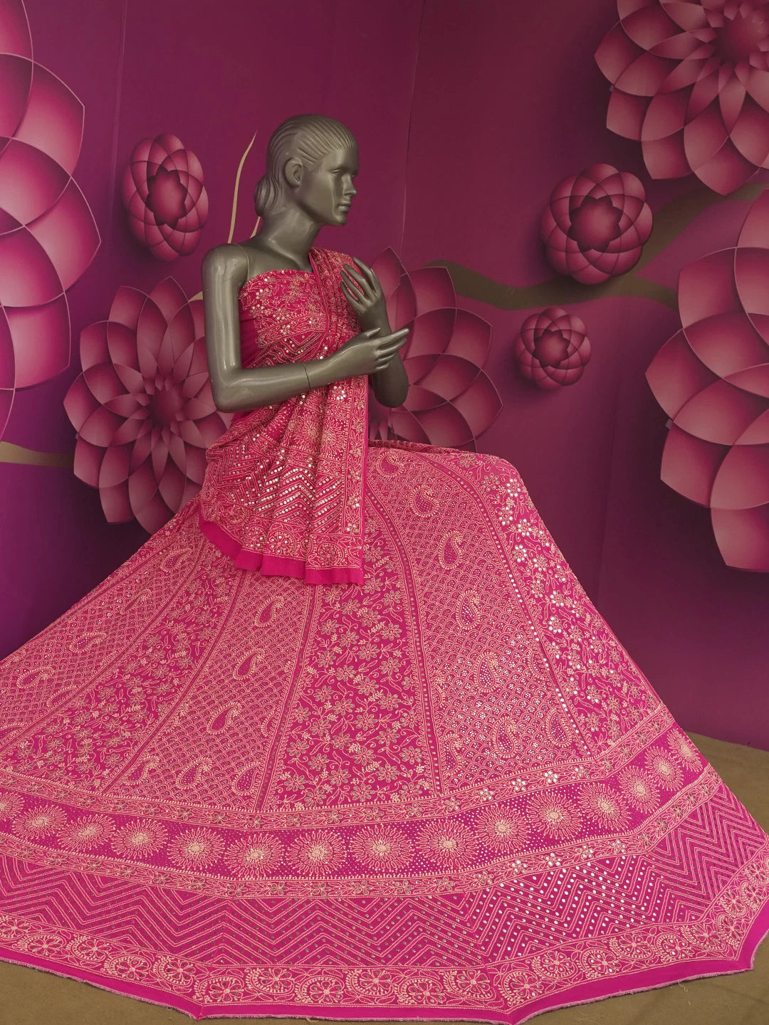 Ada Hand Embroidered Fuchsia Pink Pure Georgette Lucknowi Chikankari Lehenga Set With Muqaish Work 01A402006