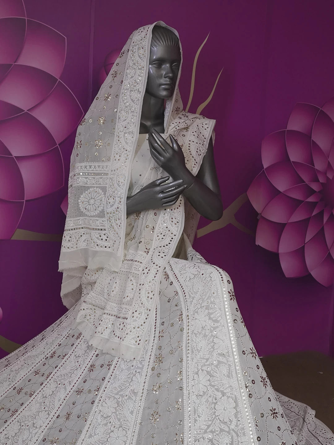 Ada Hand Embroidered Ivory White Pure Georgette Lucknowi Chikankari Lehenga Set With Mukaish Work 01A377872