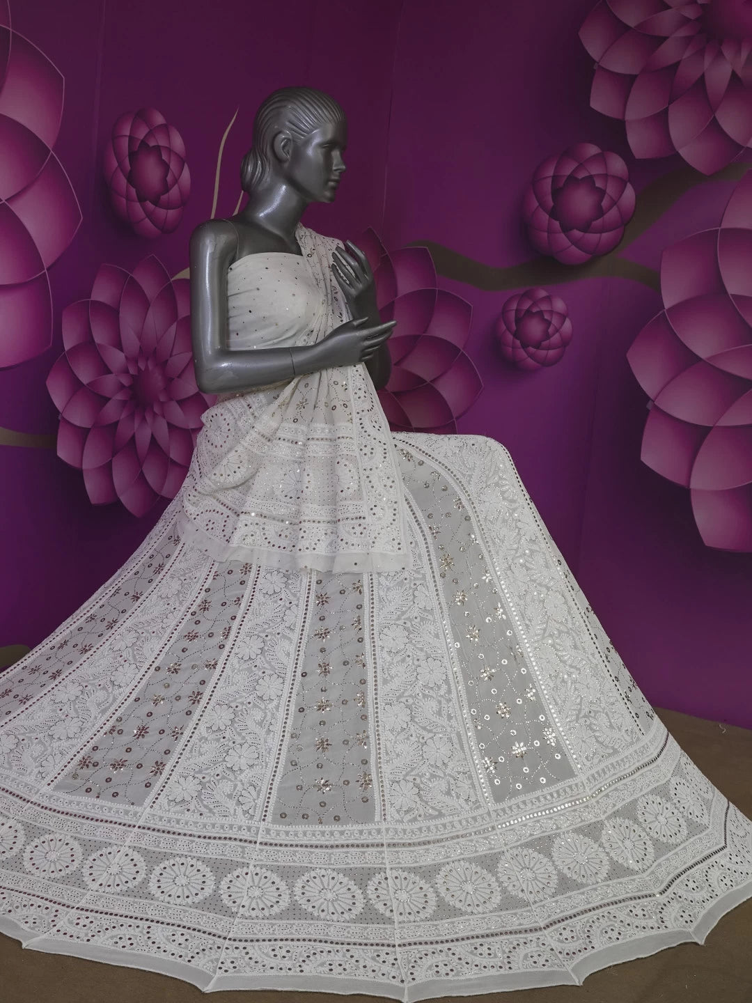 Ada Hand Embroidered Ivory White Pure Georgette Lucknowi Chikankari Lehenga Set With Mukaish Work 01A377872