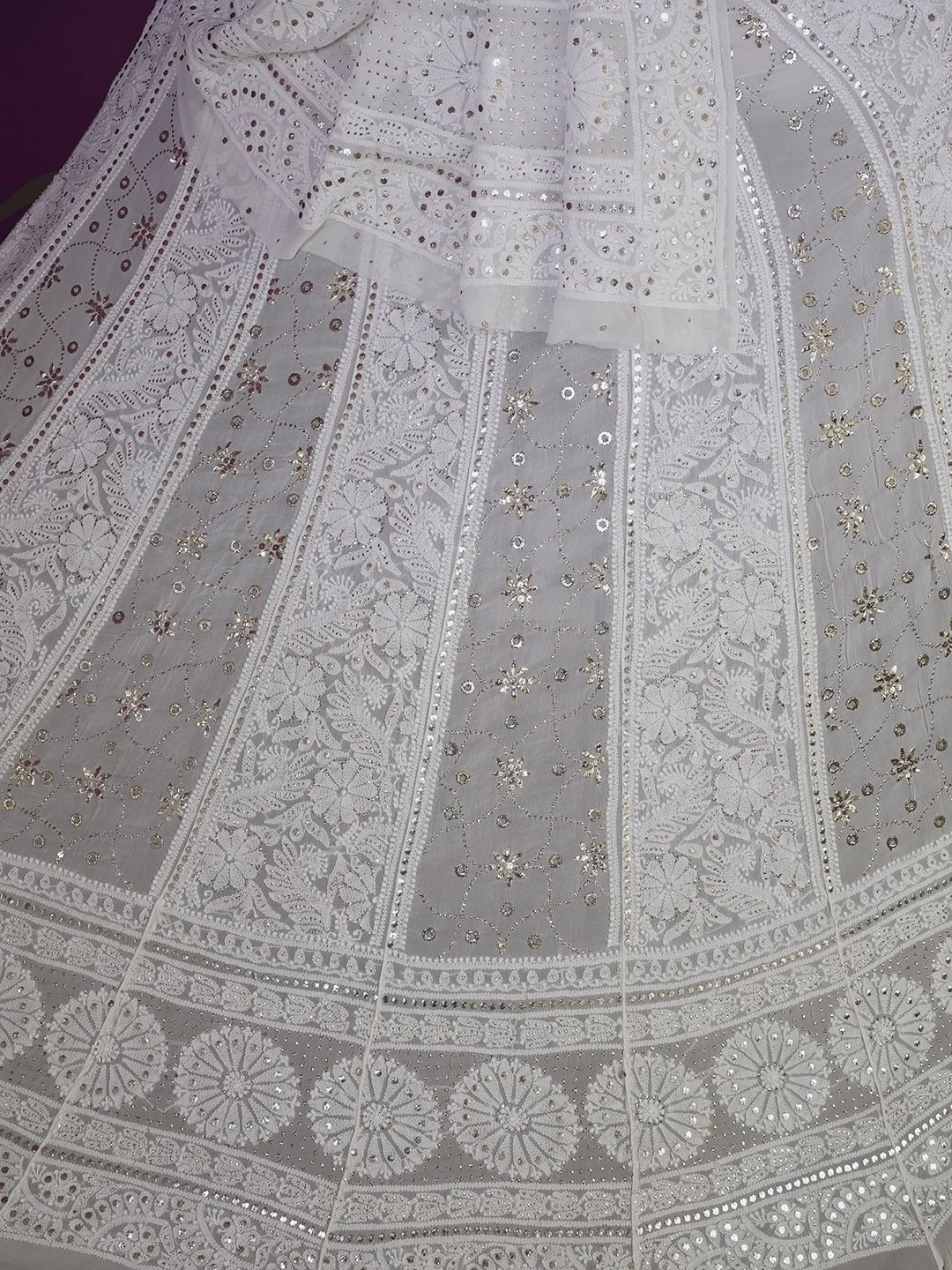 Ada Hand Embroidered Ivory White Pure Georgette Lucknowi Chikankari Lehenga Set With Mukaish Work 01A377872